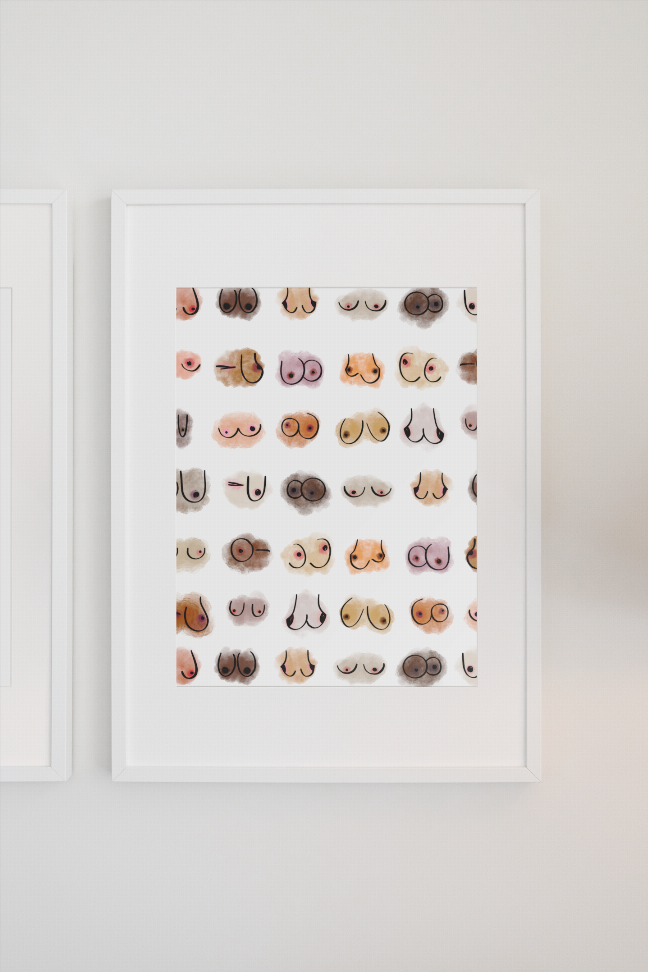 Framed wall art print centered on the wall with a grid of small cartoon face icons