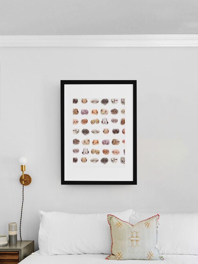 Framed wall art print with black frame and grid of small cartoon face icons