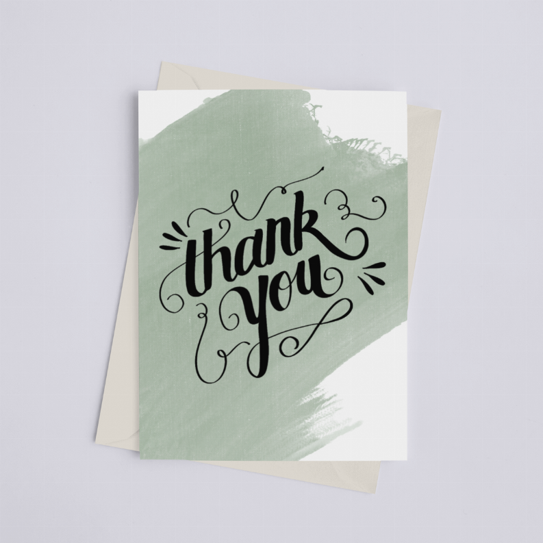 Thank you watercolor greeting card, green watercolor background with black hand-lettering