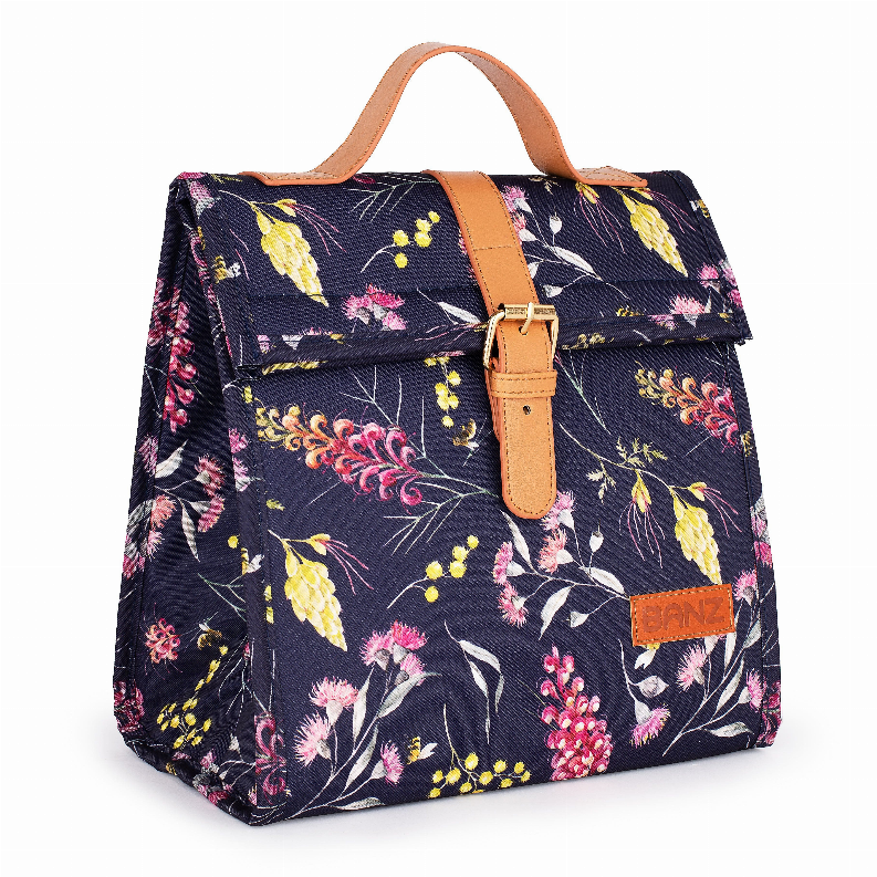 Lunch cooler bag, navy floral print, tan handle and strap, front flap, BAND logo patch