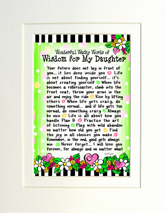 Framed inspirational quote print with green vertical stripes and colorful floral border around.
