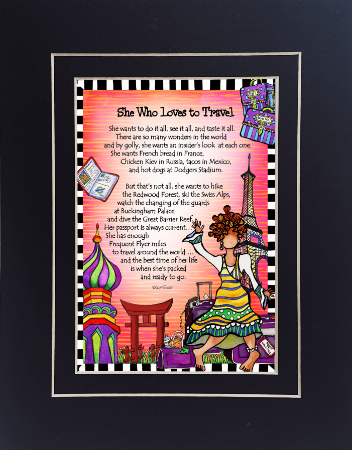 Framed travel-themed quote art print with checker border and pink-orange city landscape