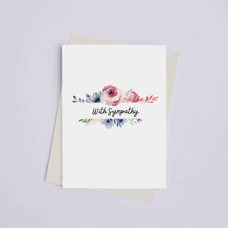 Sympathy card front with floral spray and With Sympathy text, white cover