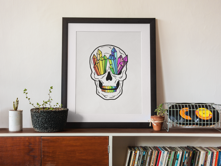 Framed crystal skull print with rainbow geometric crystals and multicolor tooth row