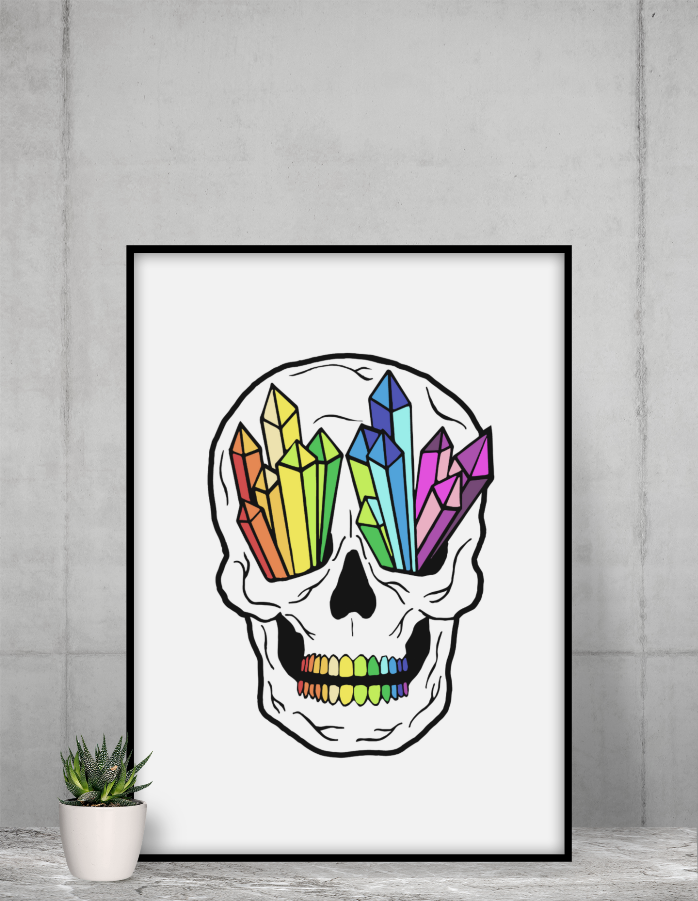 Framed crystal skull art print featuring colorful geometric crystals and striped teeth