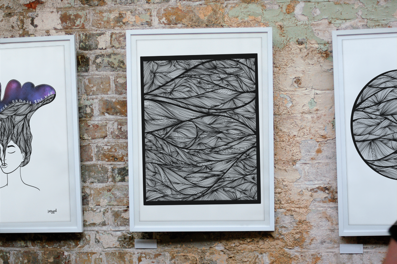 Framed rectangular Zen line print #2 featuring dense monochrome swirl lines