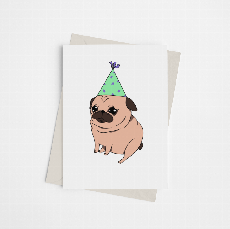 Greeting card with cartoon pug wearing a green party hat on the cover