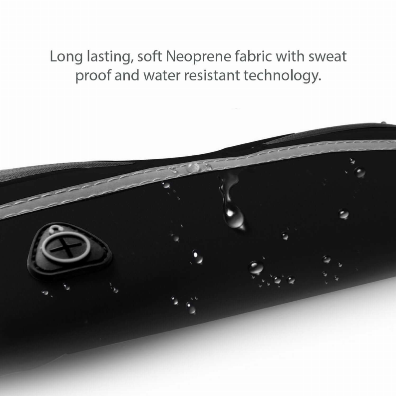 Black water-resistant belt fabric close-up with water droplets along the edge stitching
