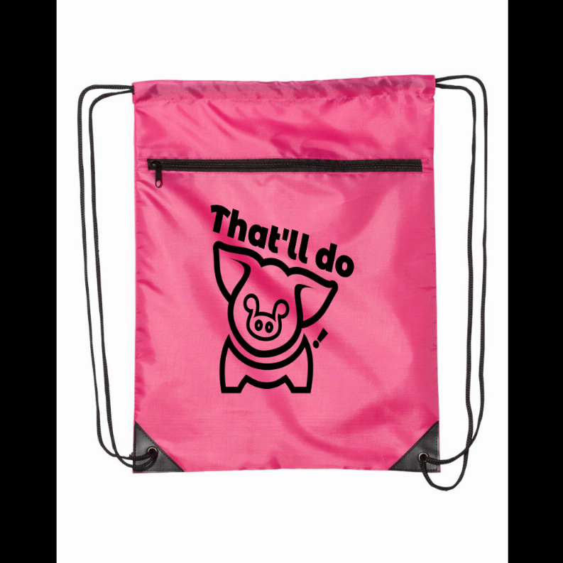 Pink drawstring backpack bag with printed pig logo, black drawcords, zipper pocket