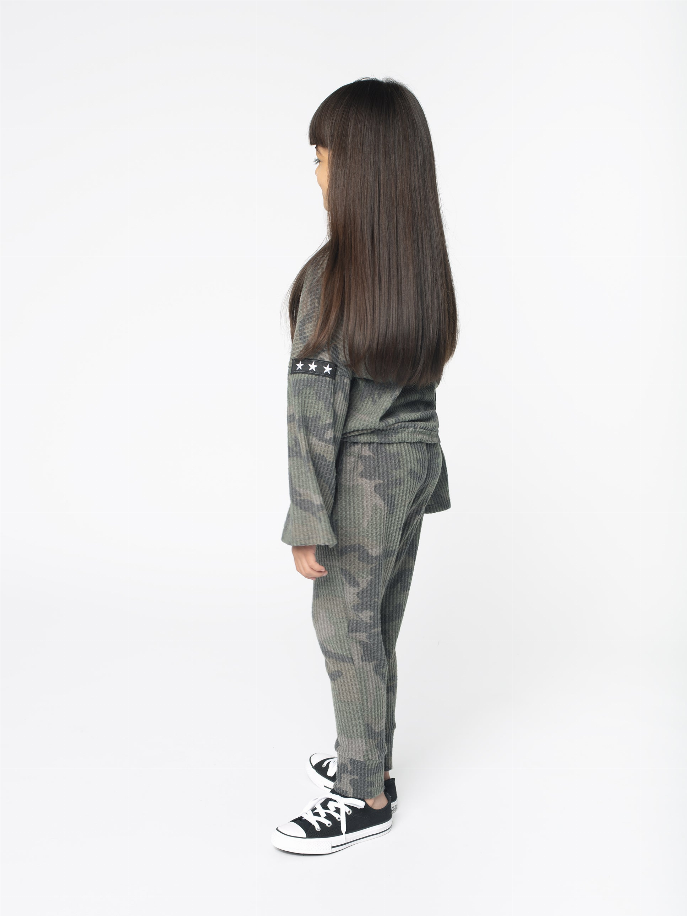 Kids camo hoodie with hood, long sleeves, star patch on upper arm, drawstring waist