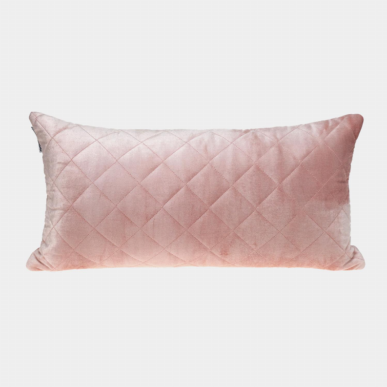 Pink quilted throw pillow with diamond stitch pattern and piped edges