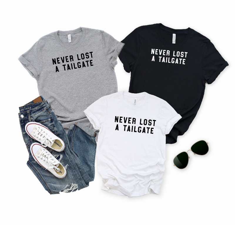 Graphic crew neck T-shirts in black, heather gray, and white