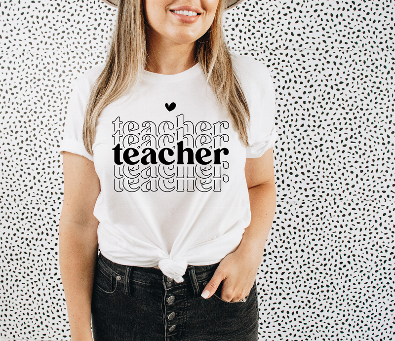White teacher T-shirt with black stacked 'teacher' graphic and front knot tie
