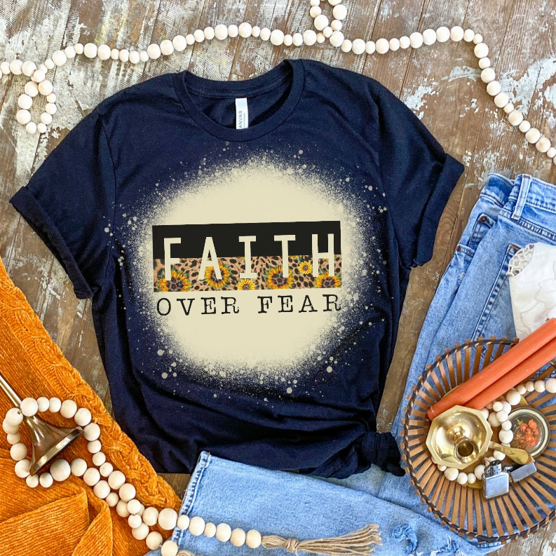Navy bleached-look crewneck T-shirt with 'FAITH OVER FEAR' front graphic