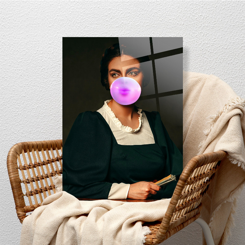 Glass wall art portrait of a seated woman with a purple bubble covering her face