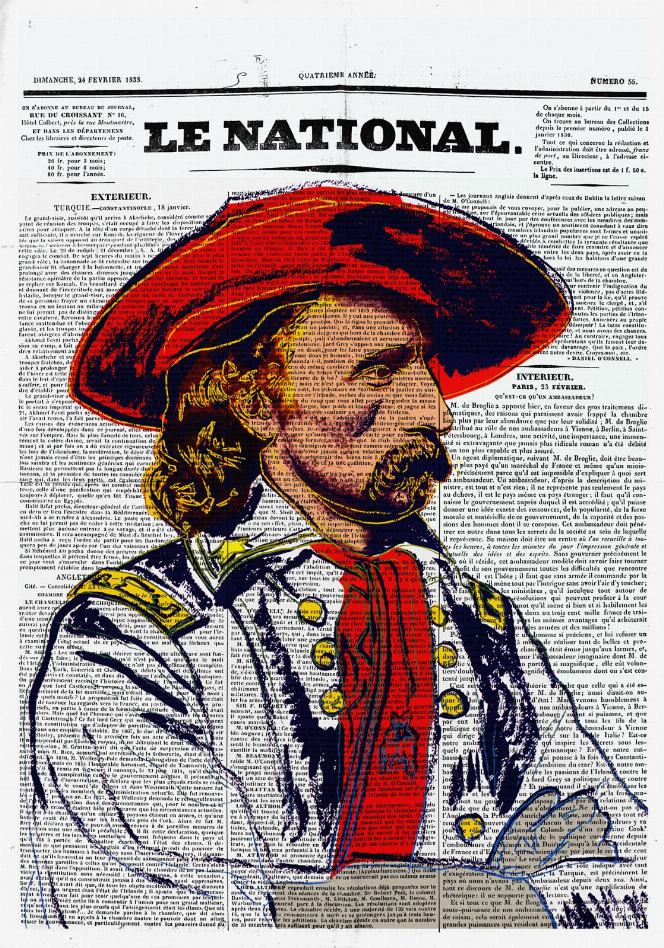 Close-up of newspaper glass wall art featuring a vintage man portrait in red hat