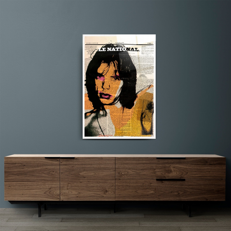 Framed newspaper glass wall art with Mick Jagger portrait, full square view
