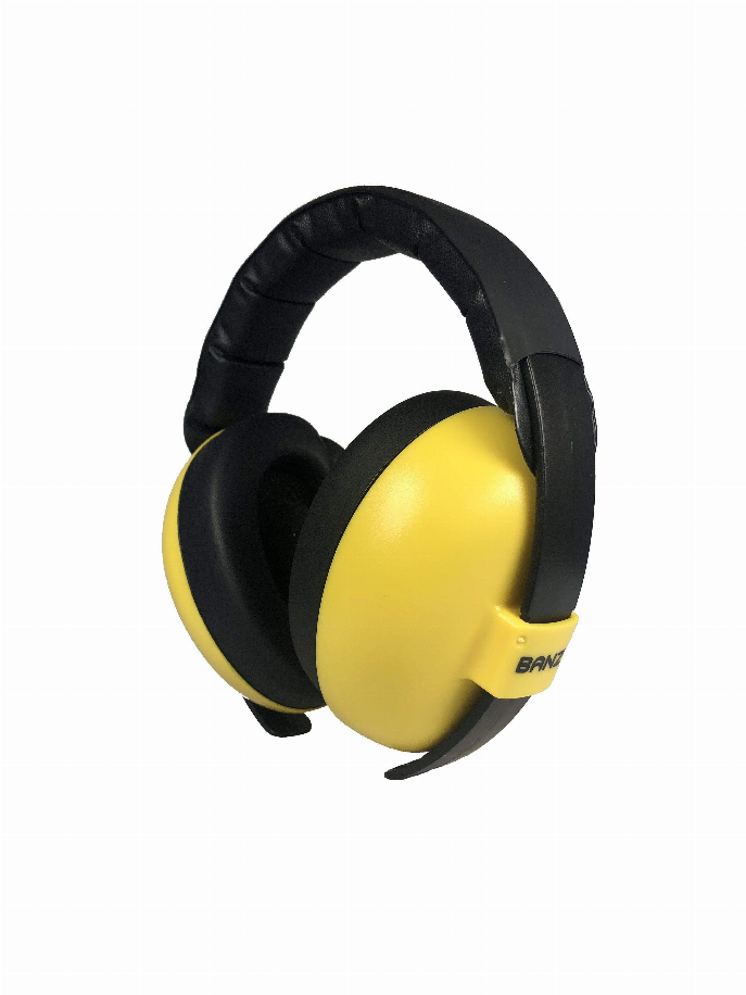 Kids over-ear earmuffs with black padding and bright yellow ear cushions
