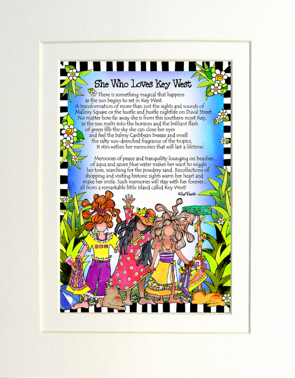 Key West folk-art style framed wall print with colorful people and decorative border