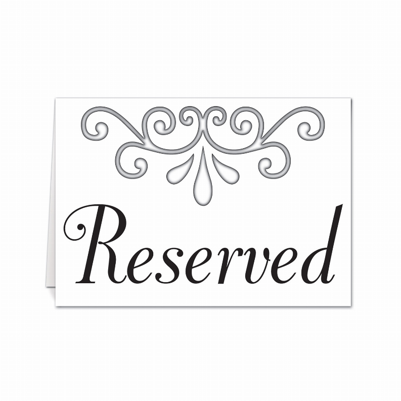 Reserved table card with gray scroll flourish and black 'Reserved' text