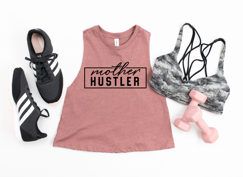 Mauve sleeveless crop top with crew neck and 'mother HUSTLER' print.