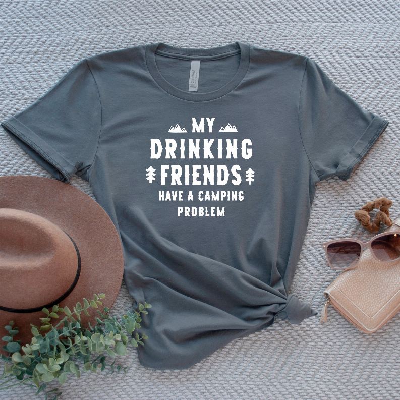 Slate blue graphic T-shirt with 'My Drinking Friends' camping problem front print