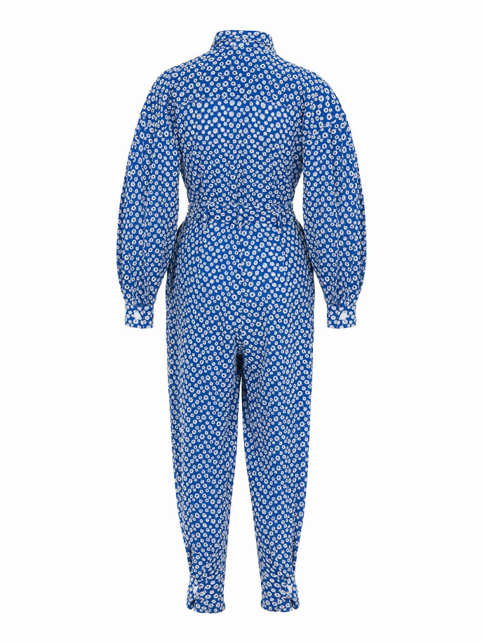 Blue and white patterned jumpsuit with self-belt, high collar, long puff sleeves, tapered legs