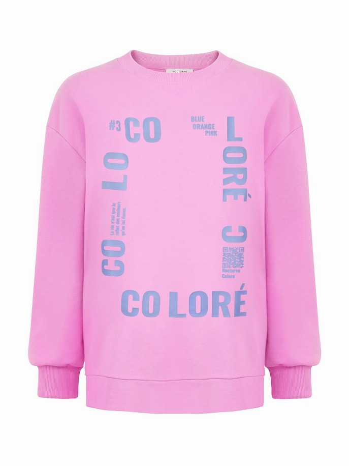 Pink oversized sweatshirt with blue text graphic print