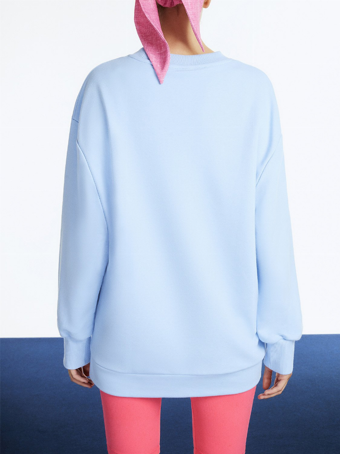 Light blue oversized crewneck sweatshirt, plain back view, ribbed cuffs and hem