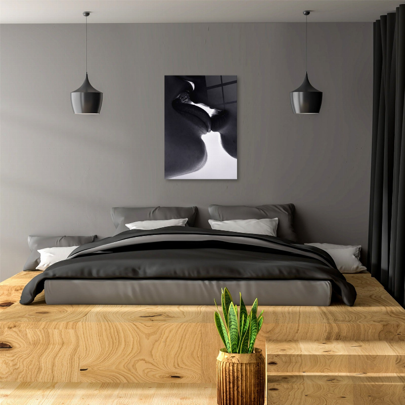 Square framed wall art with black-and-white kiss portrait, dark and light faces