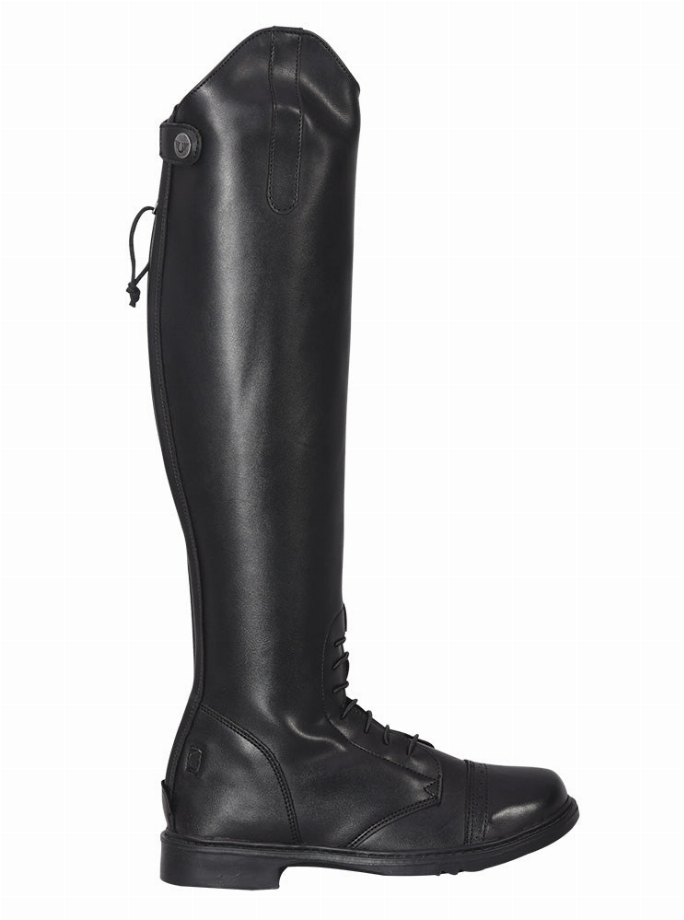 Black tall field boots, side view with back zipper panel and lace-up front.