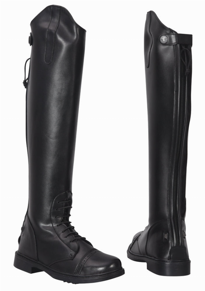 Black tall field boots, side and back view with back zipper and laces.