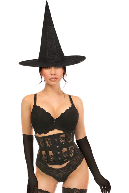 Black lace corset with decorative front panel, pointed witch hat, gloves