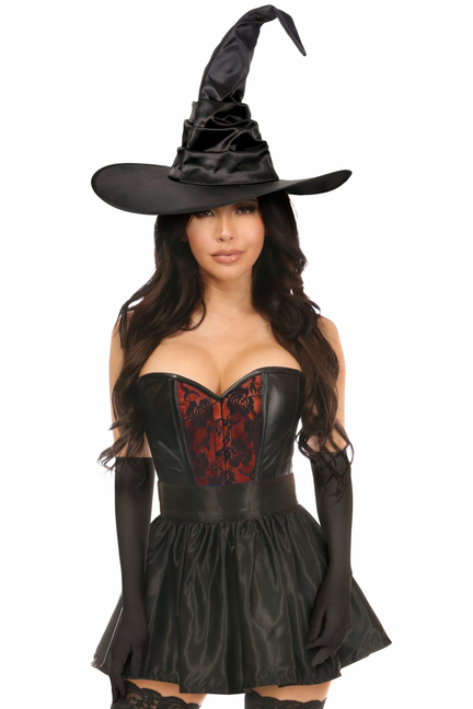Black witch corset costume with red lace-style front panel, short puffed skirt