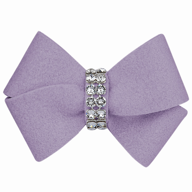 Lavender fabric hair bow with rhinestone-accent center