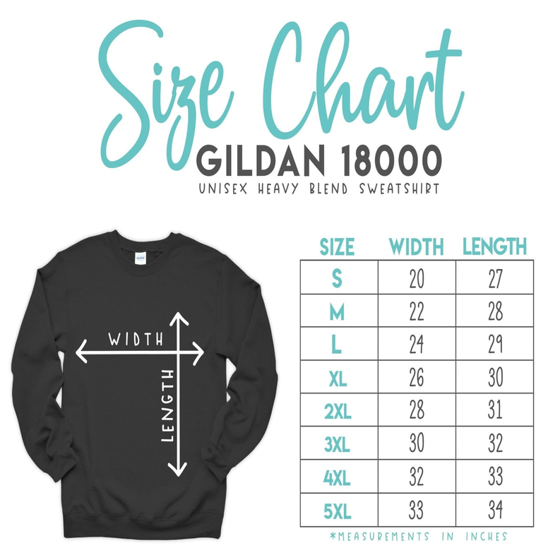 Black crewneck sweatshirt with size chart arrows for width and length