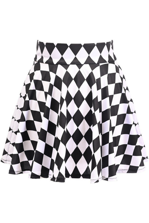 Diamond print stretch lycra skirt in black and white with a flared silhouette