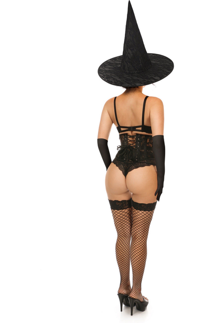 Black witch corset costume with pointed hat, lace bodice, fishnet stockings, gloves