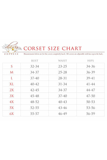 Corset size chart with bust, waist, and hip measurements by size S–6X