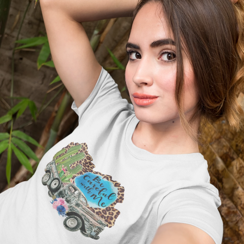 Light gray crew neck T-shirt, model wearing truck-and-cactus graphic on chest