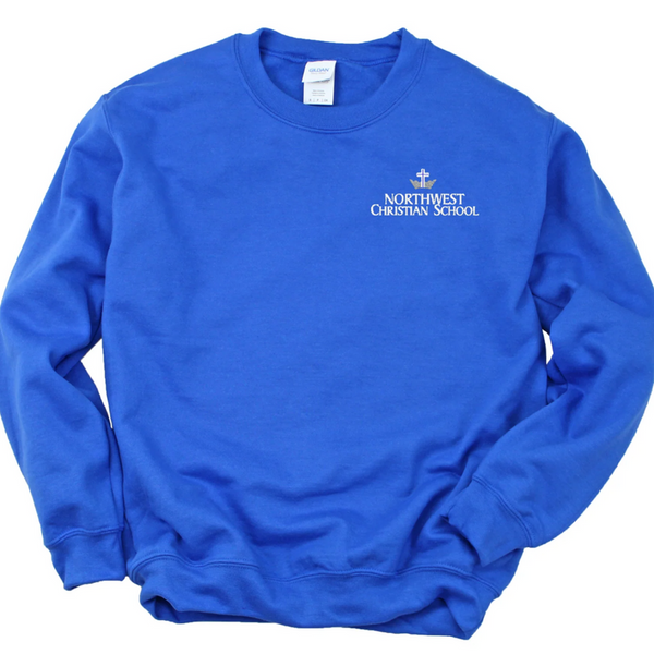 Royal blue crewneck sweatshirt with small chest Northwest Christian School logo