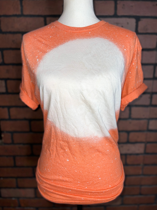 Orange bleach-stain blank T-shirt on a mannequin, crew neck, short sleeves