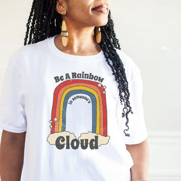 White women’s T-shirt with retro rainbow arch and cloud graphic on the chest