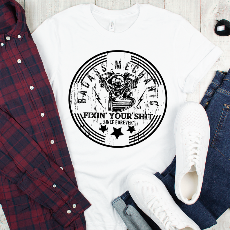 Men's mechanic t-shirt, white crew neck, black circular engine graphic