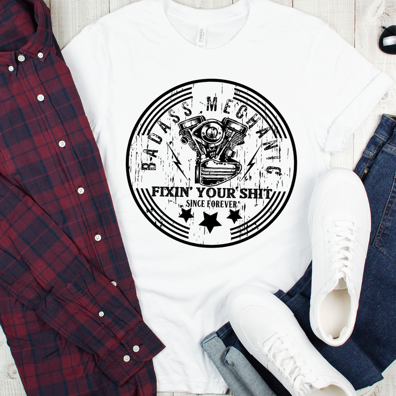 White mechanic crewneck t-shirt with black round engine and slogan print