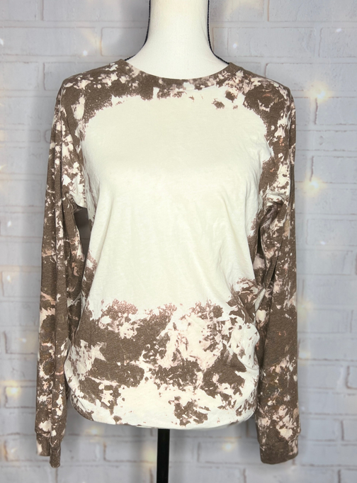 Long sleeve bleached tee with brown splatter on cream base