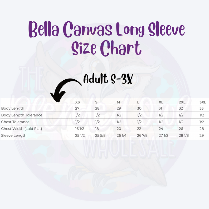 Adult long sleeve size chart XS–3X with body and chest measurements