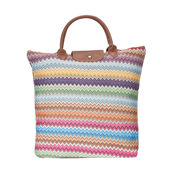 Aztec patterned foldaway grocery bag with brown leather-look handles and snap strap