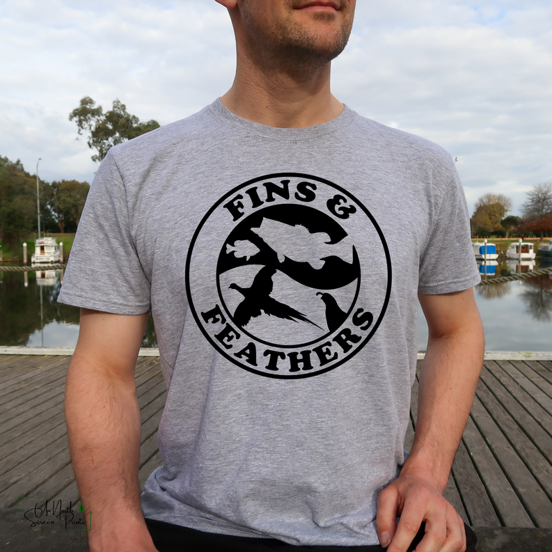 Gray crew-neck hunting graphic t-shirt with circular fins & feathers logo
