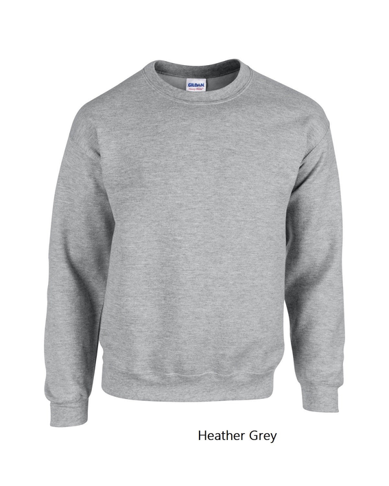 Heather grey crewneck sweatshirt with long sleeves, ribbed cuffs, and hem